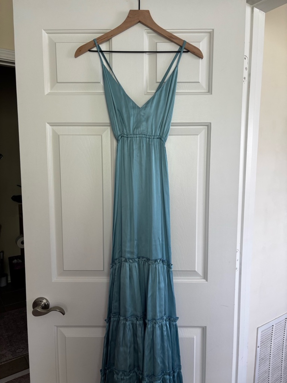 Aqua V-Neck Spaghetti-Strap Tiered Maxi Dress